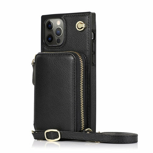 Black phone case with zipper and strap on a white background