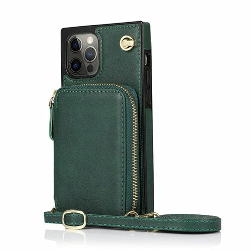 Green phone case with a zipper and strap on a white background