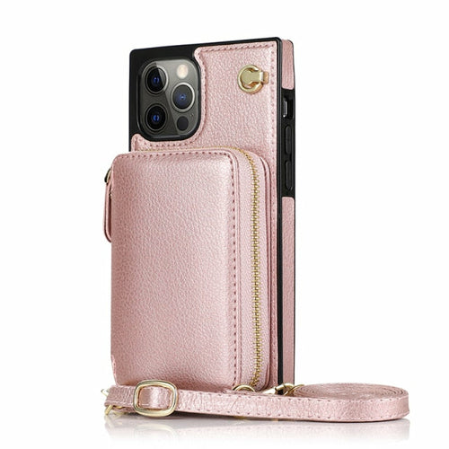 Turquoise phone case with a zipper pocket on a white background
