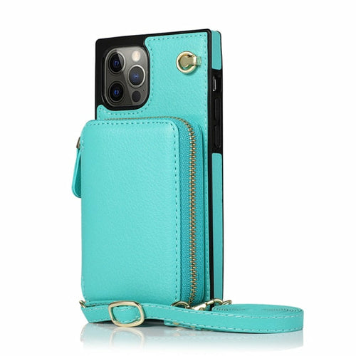 Turquoise phone case with a strap on a white background