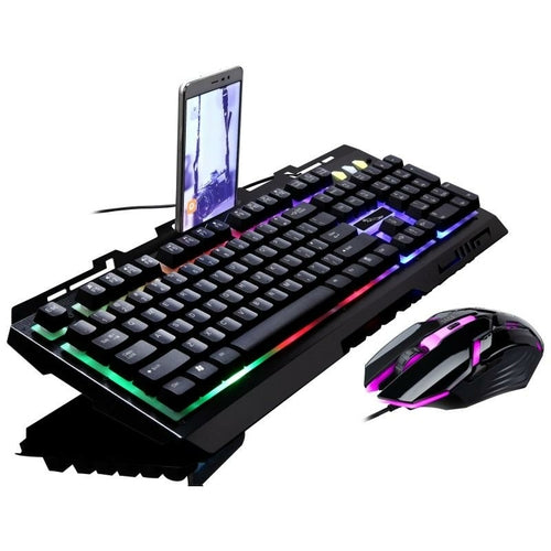 Gaming keyboard and mouse set with smartphone stand on a white background