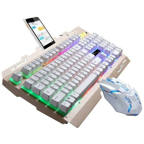 Gaming keyboard with RGB lighting and a mouse on a white background